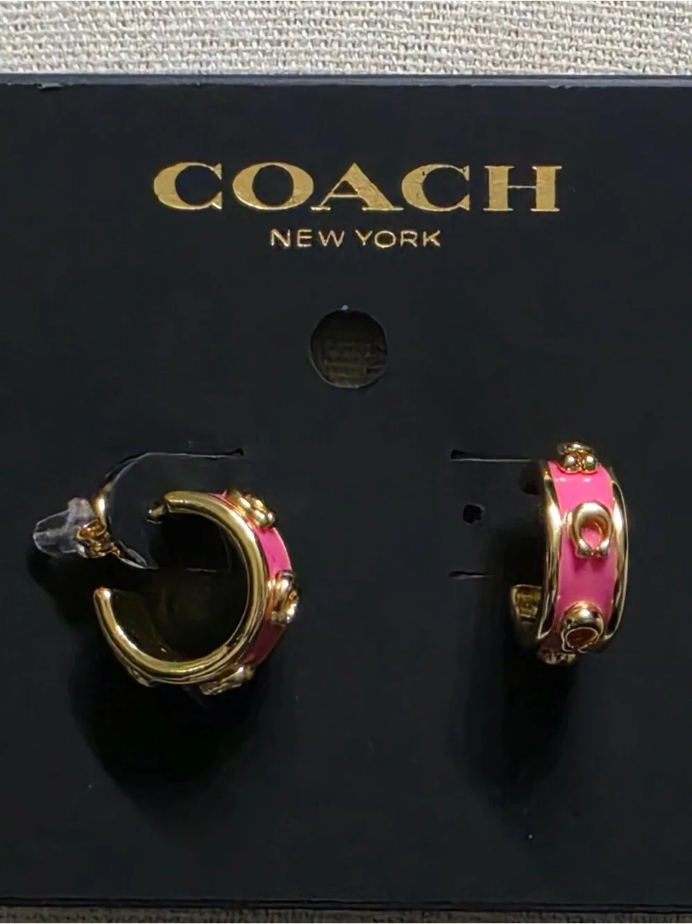 Coach Gold-Tone Hoop Earrings with Pink Enamel Accent - Picture 5 of 7